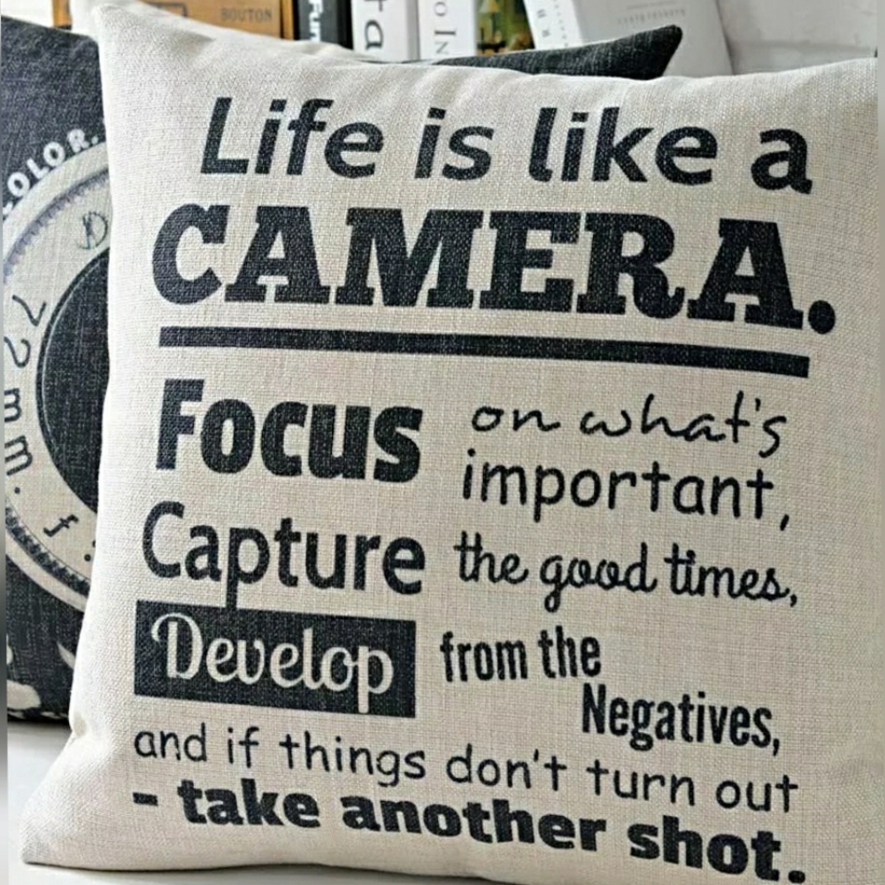 Life is like a CAMERA. Pillow Cover.